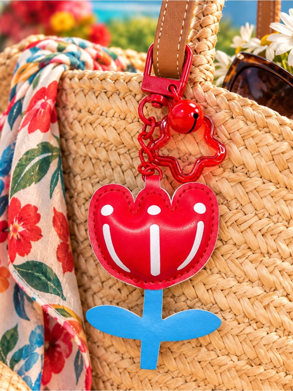 Red Tulip Flower Bag Charm Keychain Bell Star Clip Cute Floral Accessory